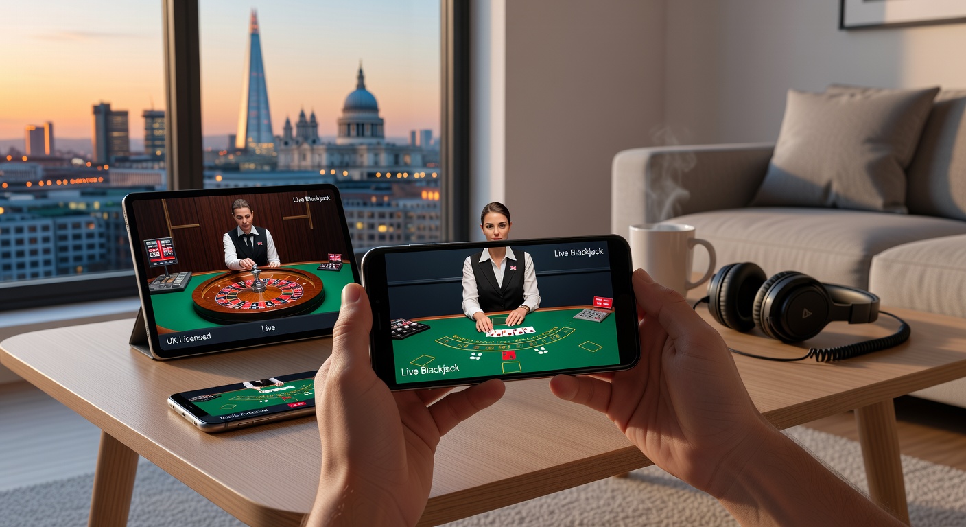 Close-up of a dealer's hands shuffling cards at a live blackjack table, streamed to a mobile app interface showing player bets and chat bubbles