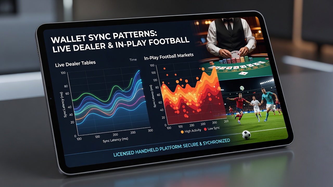 Mobile device displaying synchronized wallet balances during live dealer and in-play football sessions on licensed platforms