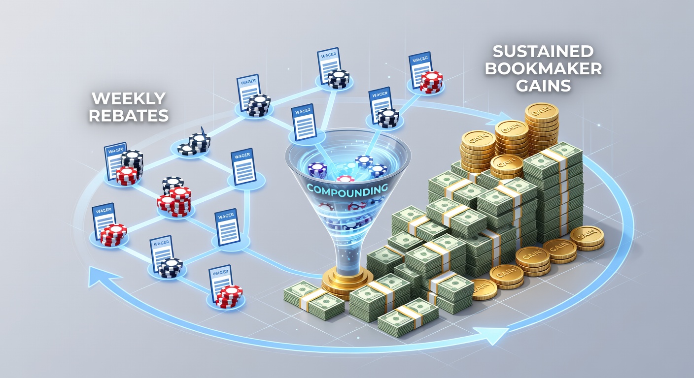 Bettor reviewing a dashboard of multiple bookmaker accounts displaying compounded cashback balances and weekly rebate credits