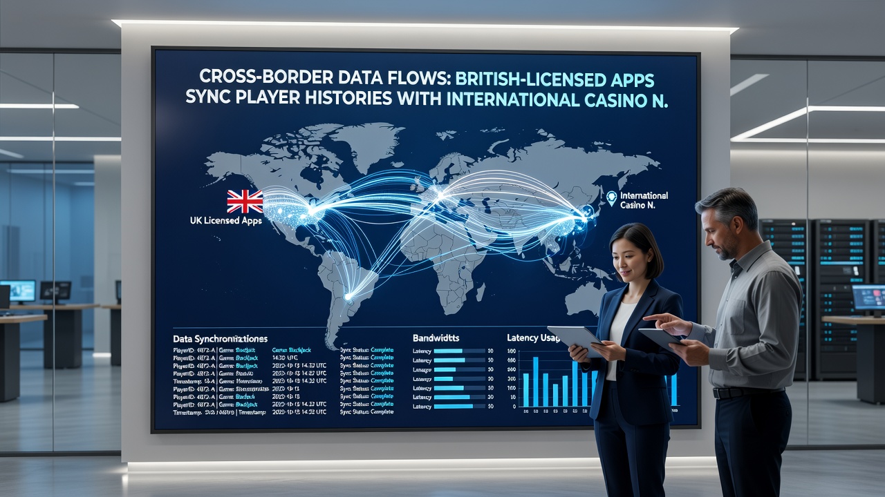 Network diagram illustrating secure data synchronization between UK apps and global casino platforms