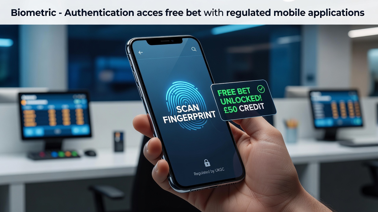 Biometric authentication interface on a regulated betting app showing fingerprint and facial recognition options for accessing free bet promotions