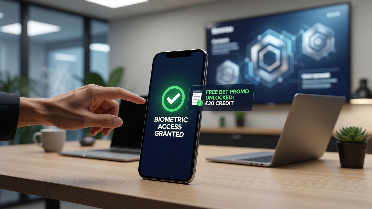 Mobile device screen displaying successful biometric login followed by instant free bet credit on a regulated bookmaker application