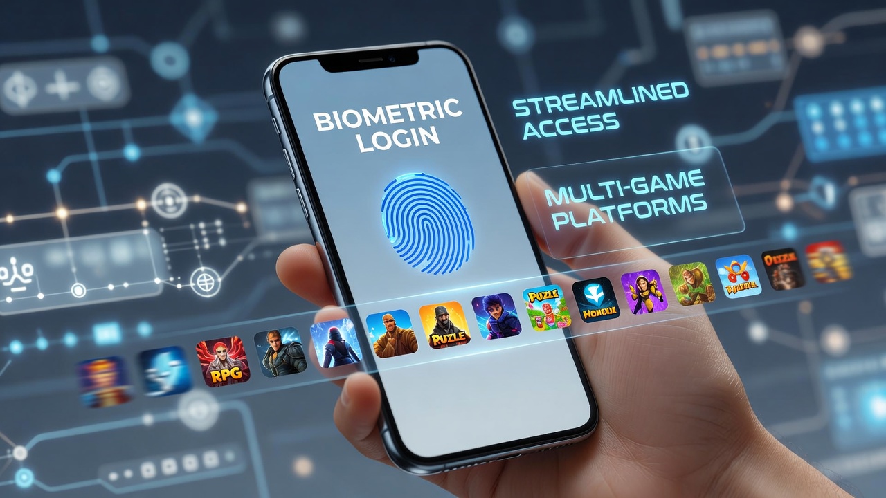 Mobile device displaying biometric login options for multiple gaming apps on a single platform interface