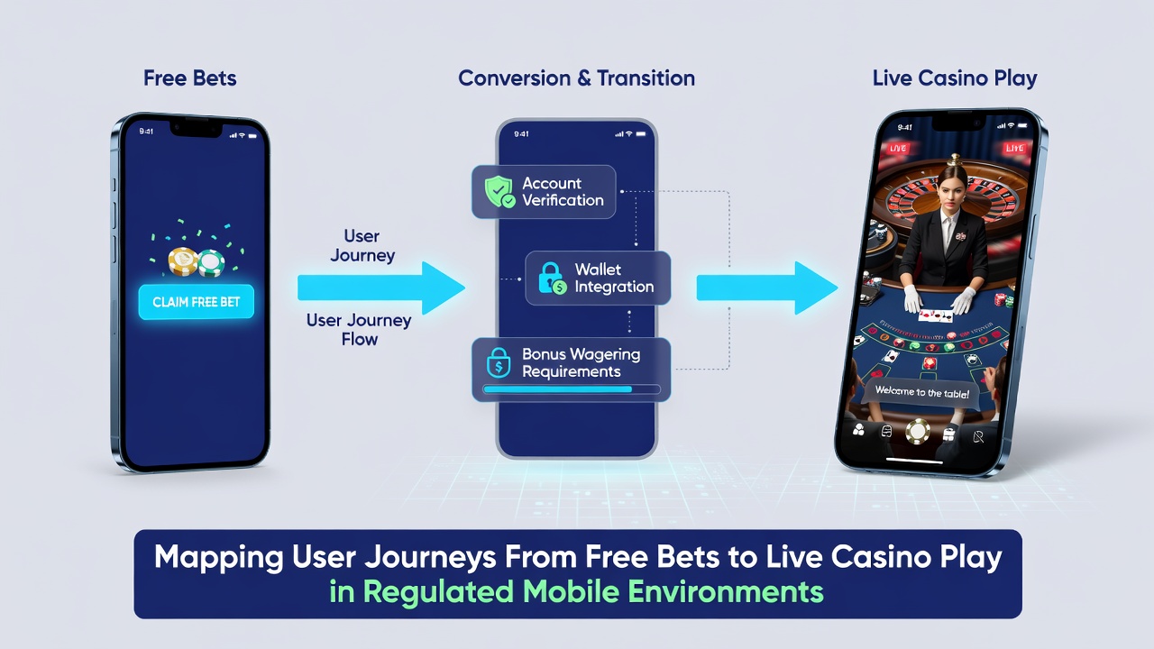 Screenshot sequence of a mobile gambling app demonstrating the shift from free bet redemption to live roulette table selection