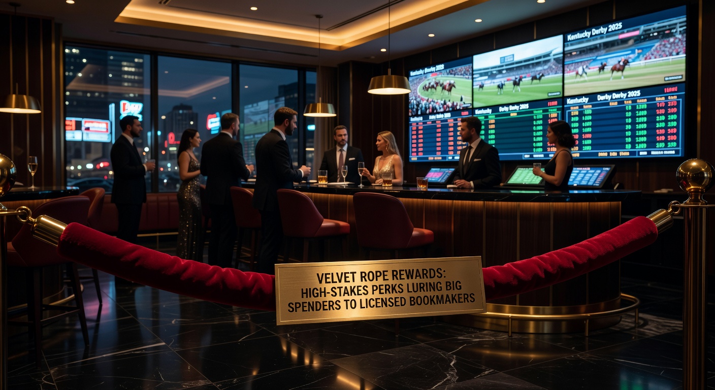 Elegant VIP lounge at a licensed bookmaker event, showcasing luxury perks for high-rollers with champagne and personalized betting terminals