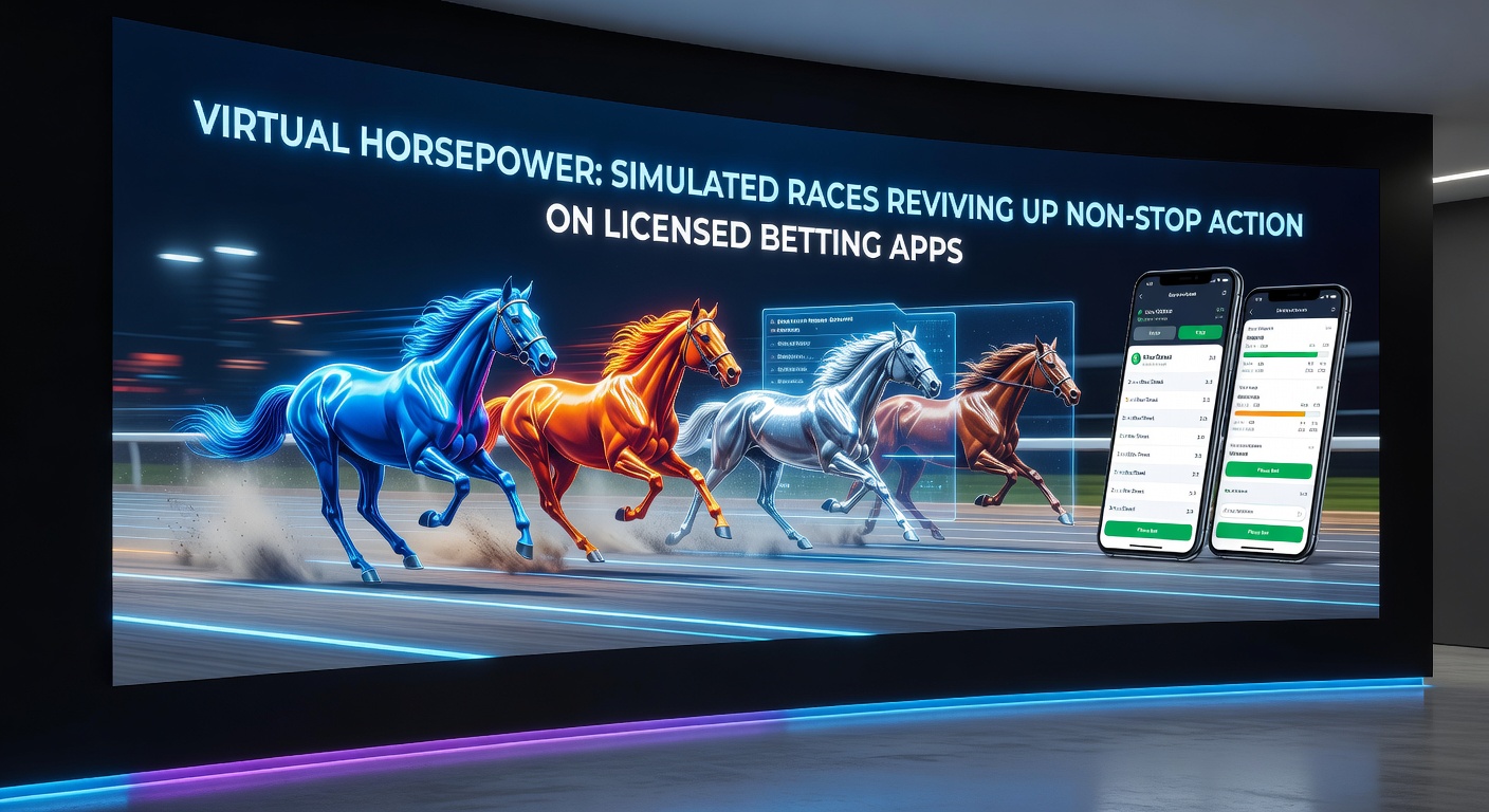Dynamic screenshot of a virtual horse race interface on a betting app, showing colorful animated horses charging down a digital track with live odds updating in real-time